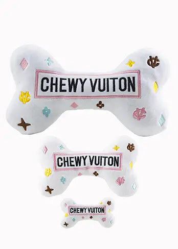 White Chewy Vuiton Bones Squeaker Dog Toy