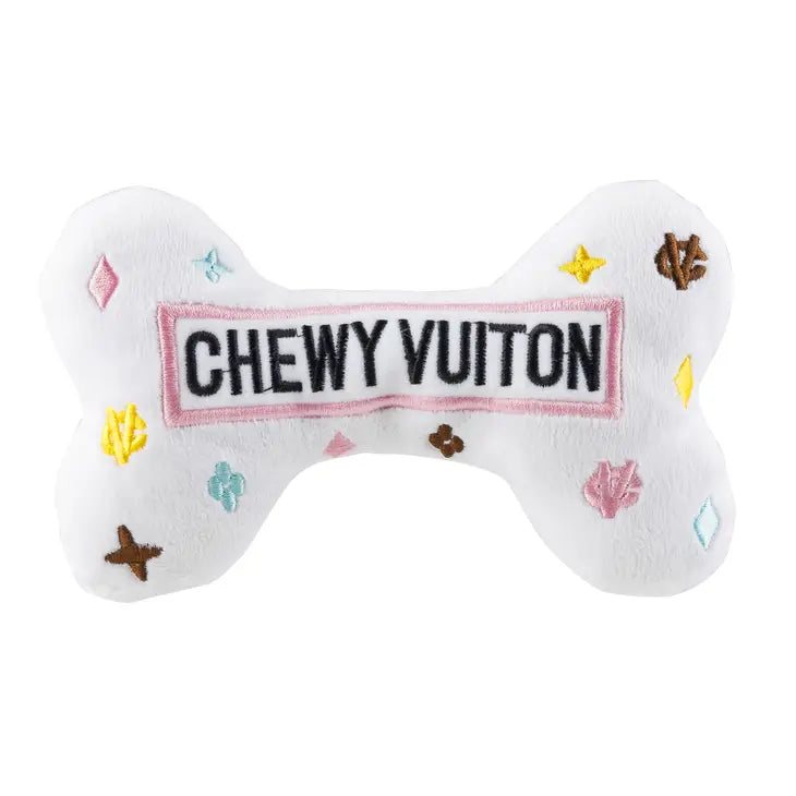 White Chewy Vuiton Bones Squeaker Dog Toy